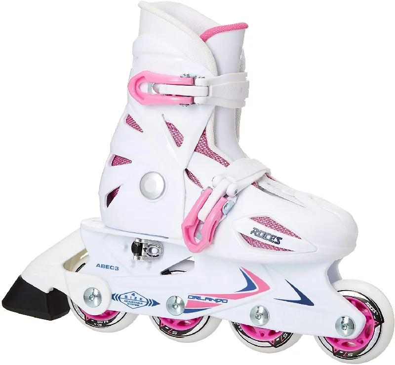 Tennis shoes with non-marking soles for indoor courts-New Roces Orlando Inline 400687 III Model Kids Skate 13JR-3 White/Pink