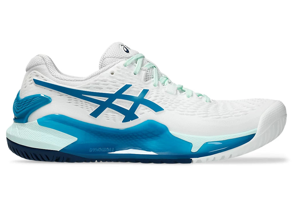 Tennis shoes for hard court surfaces-Asics Women's Gel-Resolution 9 (White/teal)