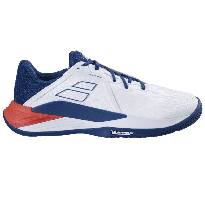 Tennis shoes for narrow feet-Babolat Men's Propulse Fury 3 All Court (White/Navy)