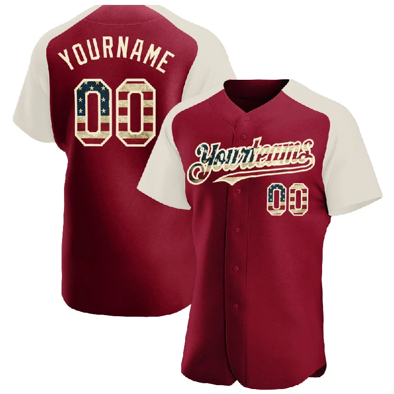 Soft-touch fabric baseball jerseys for extra comfort-Custom Crimson Vintage USA Flag-Cream Authentic Raglan Sleeves Baseball Jersey