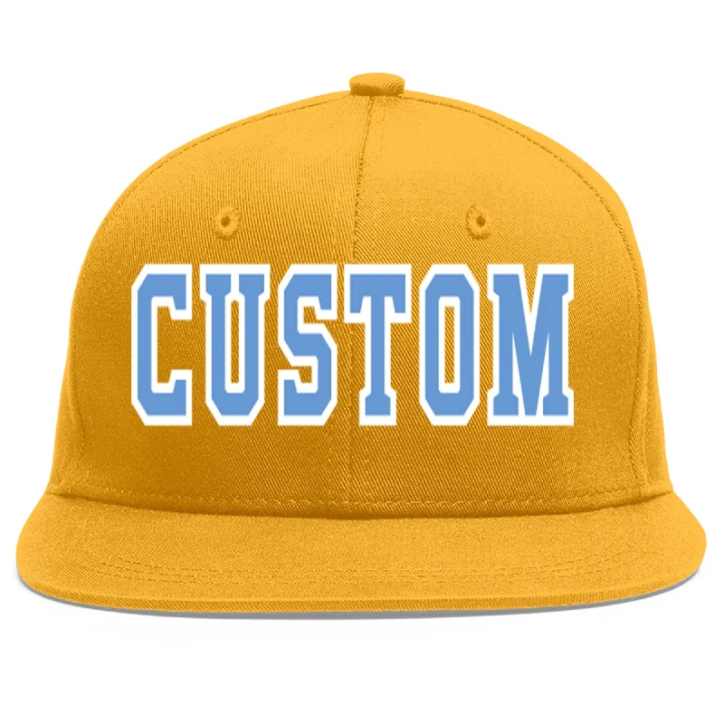 Comfort level of baseball caps-Custom Gold Light Blue-White Flat Eaves Sport Baseball Cap