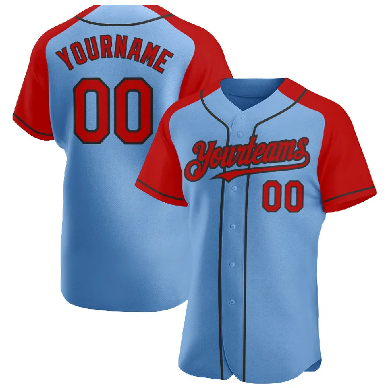 Baseball jerseys with customizable team logos and numbers-Custom Light Blue Red-Black Authentic Raglan Sleeves Baseball Jersey