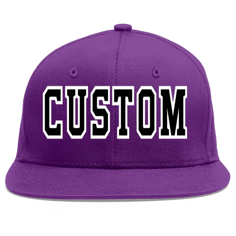 Baseball caps for travel wear-Custom Purple Black-White Flat Eaves Sport Baseball Cap