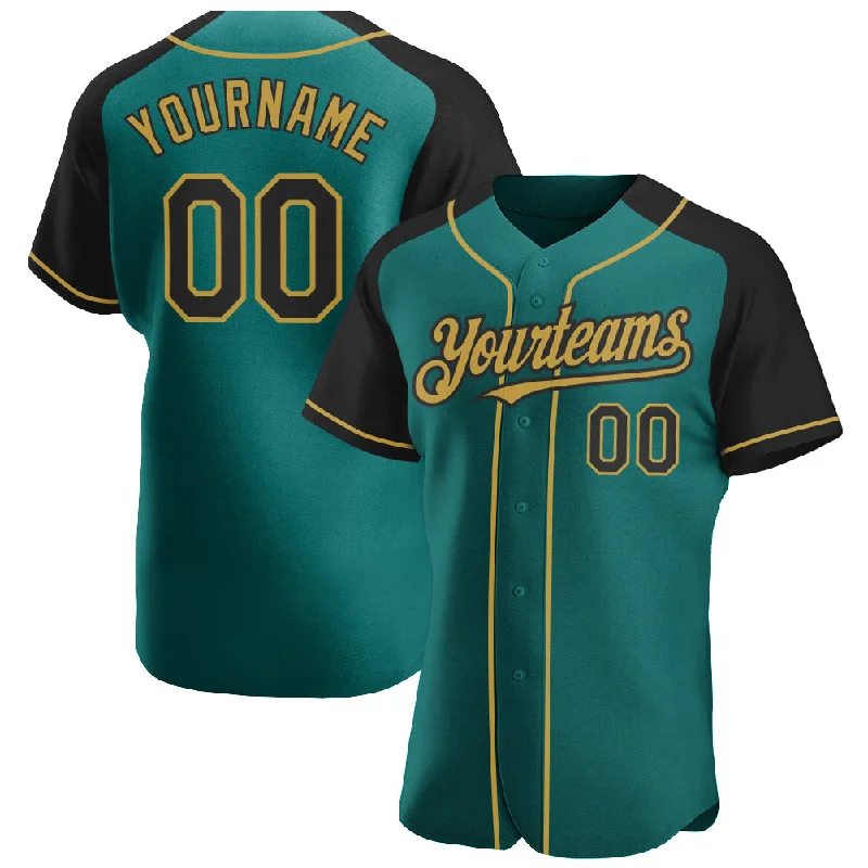 Premium quality baseball jerseys for elite players-Custom Teal Black-Old Gold Authentic Raglan Sleeves Baseball Jersey