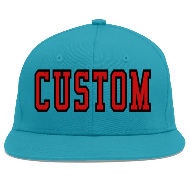 Baseball caps for hot weather-Custom Aqua Red-Black Flat Eaves Sport Baseball Cap