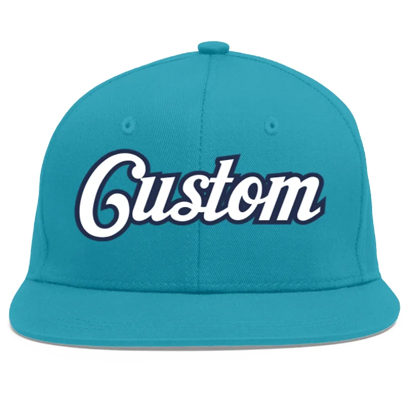 Baseball caps for different occasions-Custom Aqua White-Navy Flat Eaves Sport Baseball Cap