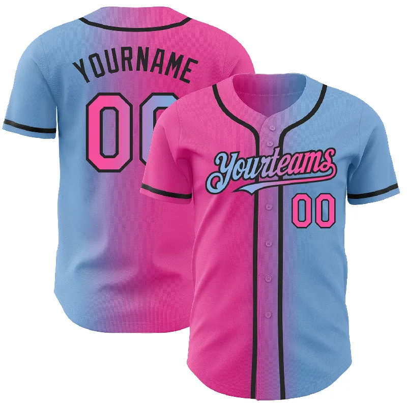 Baseball jerseys with customizable sleeves and collars-Custom Light Blue Pink-Black Authentic Gradient Fashion Baseball Jersey