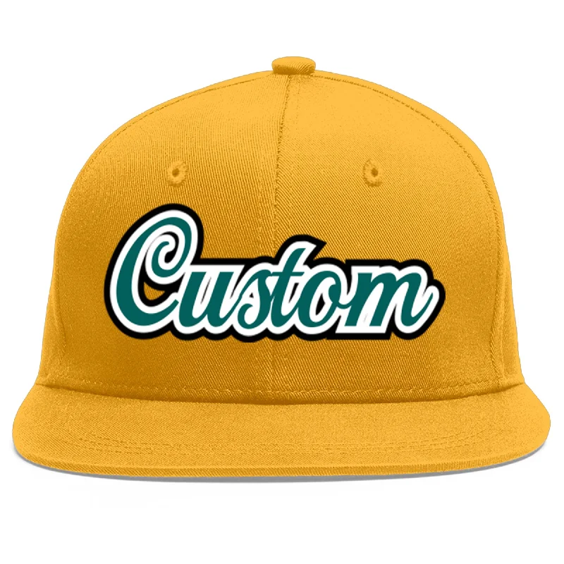 Most comfortable baseball caps-Custom Gold Aqua-White Flat Eaves Sport Baseball Cap