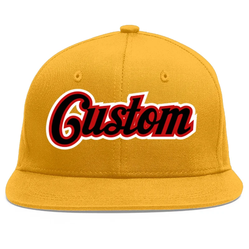 Baseball caps for long wear comfort-Custom Gold Black-Red Flat Eaves Sport Baseball Cap