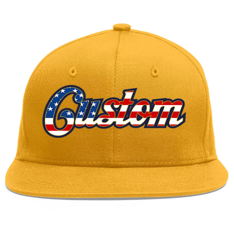 Interior lining features in baseball caps-Custom Gold Vintage USA Flag-Gold Flat Eaves Sport Baseball Cap