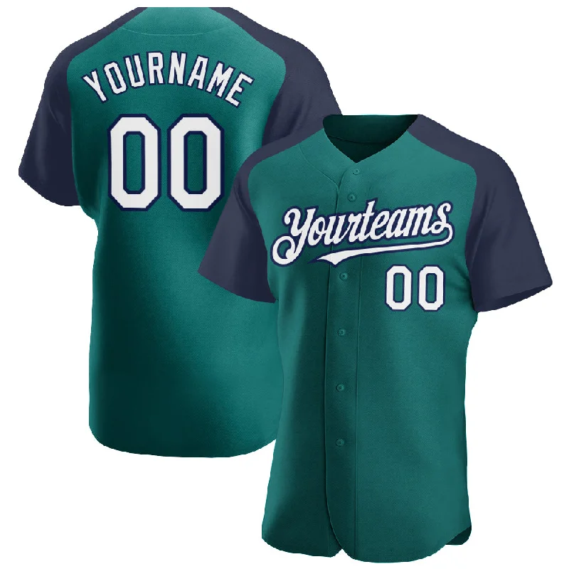 Classic baseball jerseys for memorabilia collectors-Custom Teal White-Navy Authentic Raglan Sleeves Baseball Jersey