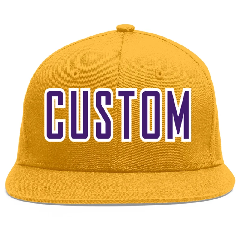 Baseball caps for long wear comfort-Custom Gold purple-White Flat Eaves Sport Baseball Cap