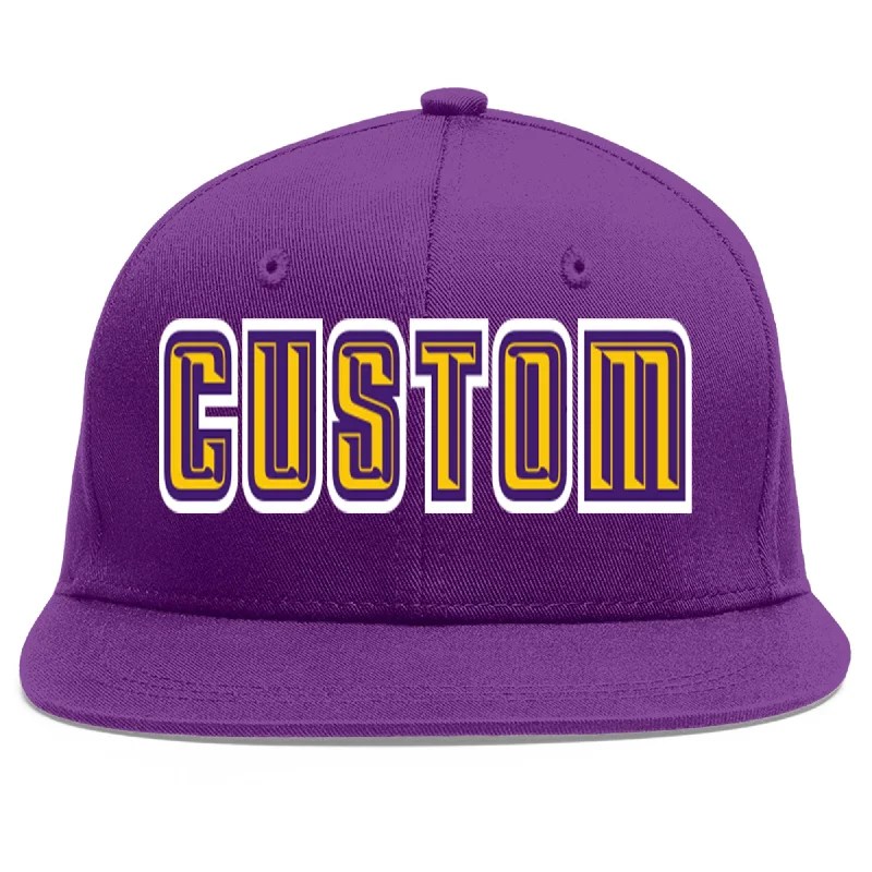 Baseball caps for outdoor adventures-Custom Purple Gold-purple Flat Eaves Sport Baseball Cap