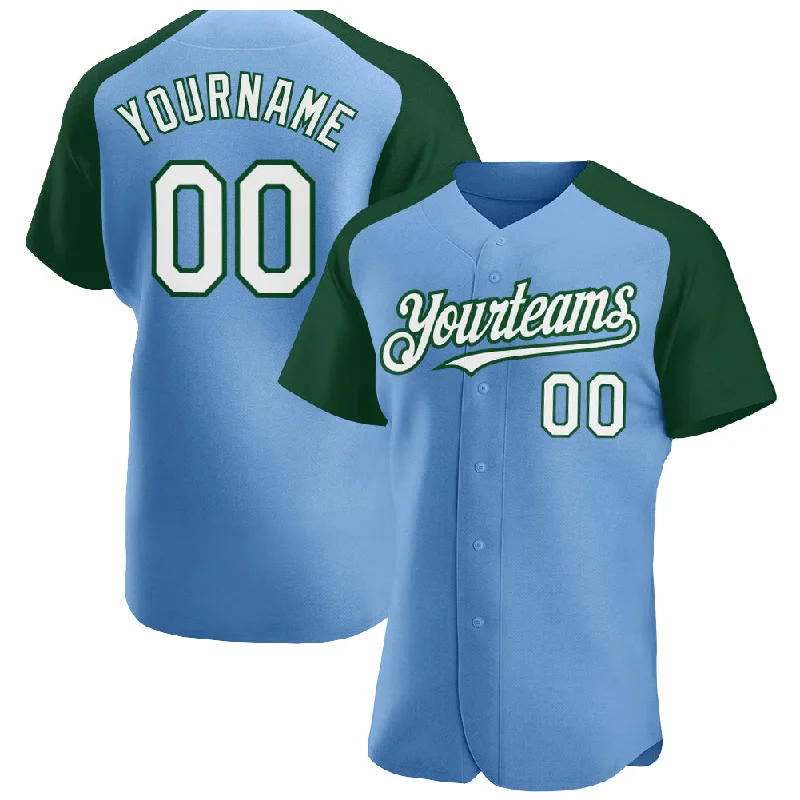 Vintage-inspired baseball jerseys for collectors-Custom Light Blue White-Green Authentic Raglan Sleeves Baseball Jersey