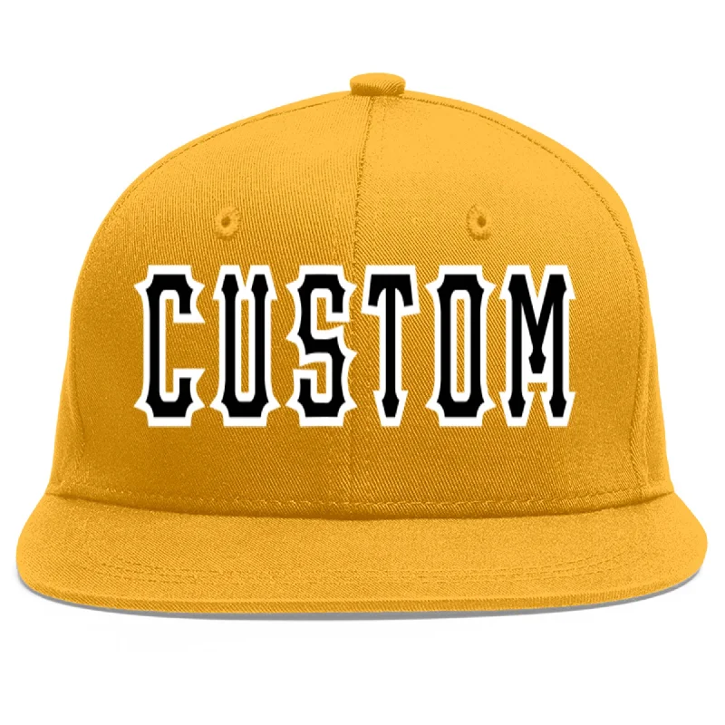 Pairing baseball caps with sports shirts-Custom Gold Black-White Flat Eaves Sport Baseball Cap