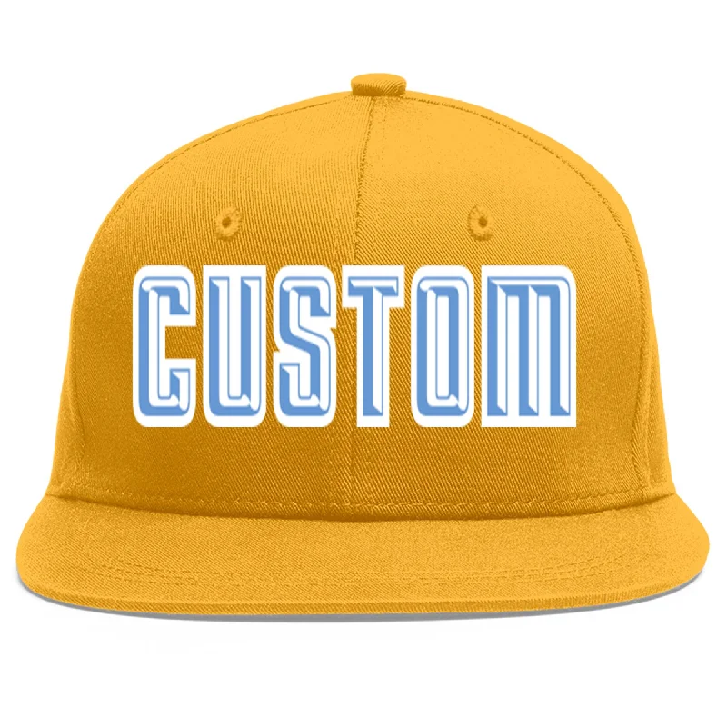 Baseball caps with mesh panels-Custom Gold Light Blue-White Flat Eaves Sport Baseball Cap