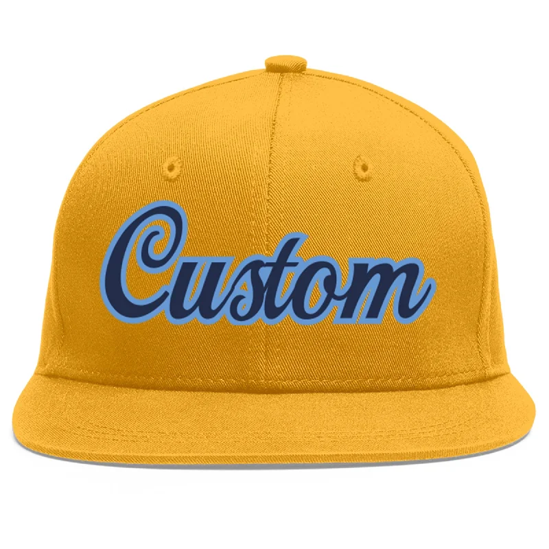 Best baseball cap styles-Custom Gold Navy-Light Blue Flat Eaves Sport Baseball Cap