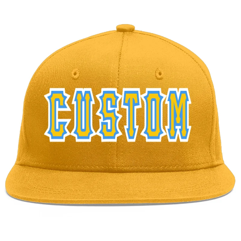 Waterproof baseball caps-Custom Gold Gold-Powder Blue Flat Eaves Sport Baseball Cap