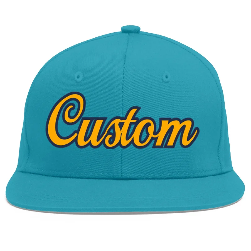 Baseball caps with logos-Custom Aqua Yellow-Navy Flat Eaves Sport Baseball Cap