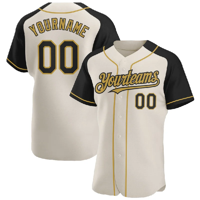 Baseball jerseys for spring and summer tournaments-Custom Cream Black-Old Gold Authentic Raglan Sleeves Baseball Jersey