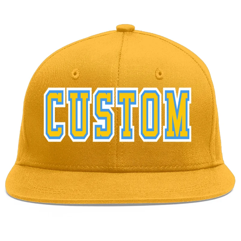 Popular baseball cap styles-Custom Gold Gold-Powder Blue Flat Eaves Sport Baseball Cap