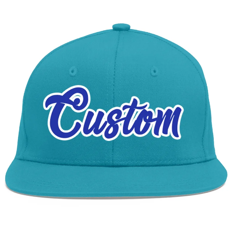 Baseball caps for long wear-Custom Aqua Royal-White Flat Eaves Sport Baseball Cap