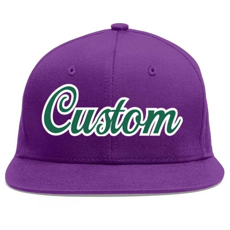 Baseball caps with mesh panels-Custom Purple Kelly Green-White Flat Eaves Sport Baseball Cap