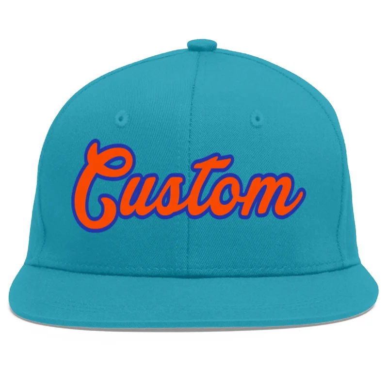 Soft fabric baseball caps-Custom Aqua Orange-Royal Flat Eaves Sport Baseball Cap