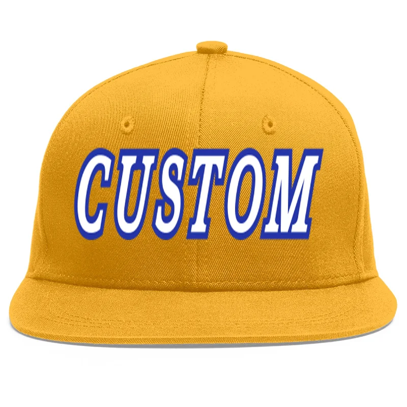 Baseball cap sizing guide-Custom Gold White-Royal Flat Eaves Sport Baseball Cap