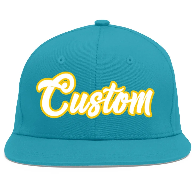 Ventilation features in baseball caps-Custom Aqua White-Gold Flat Eaves Sport Baseball Cap