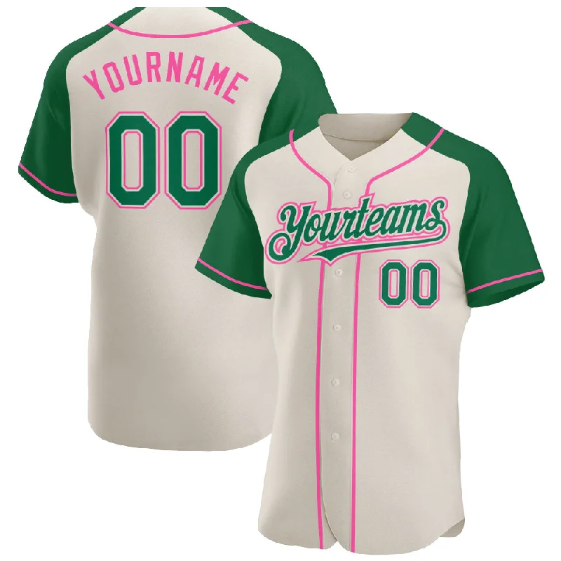 Baseball jerseys with moisture-resistant fabric-Custom Cream Kelly Green-Pink Authentic Raglan Sleeves Baseball Jersey