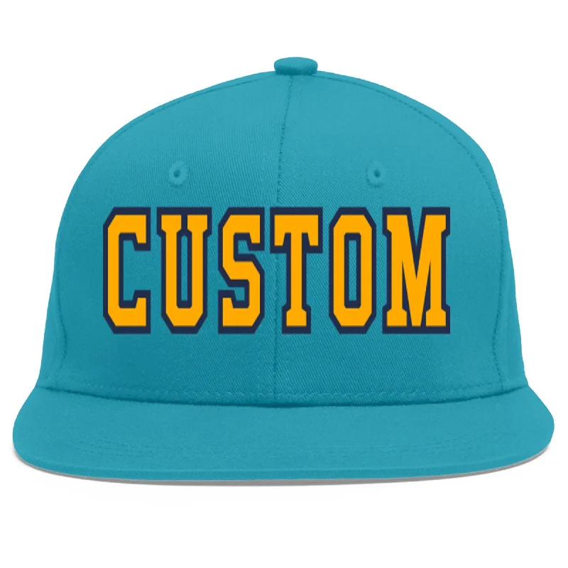 Soft fabric baseball caps-Custom Aqua Yellow-Navy Flat Eaves Sport Baseball Cap