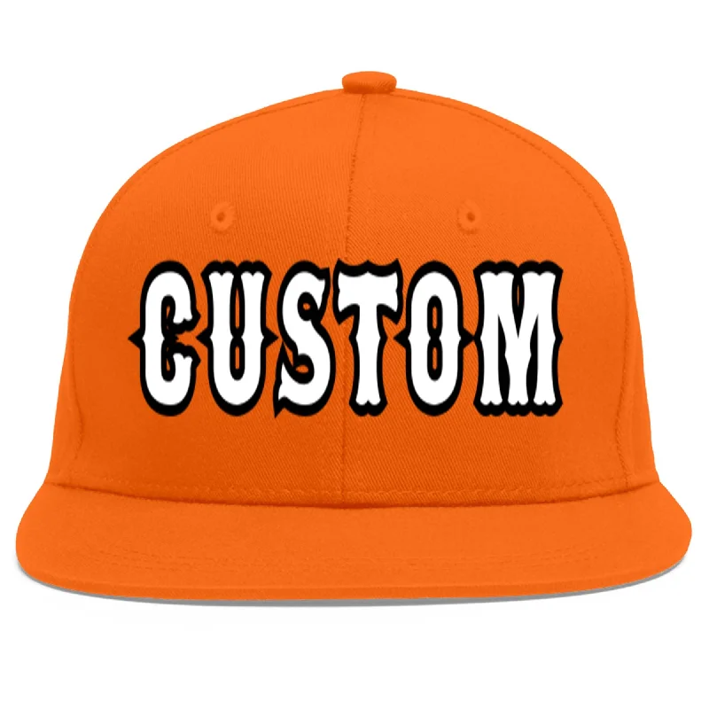 Baseball cap with hoodie pairing-Custom Orange White-Black Flat Eaves Sport Baseball Cap