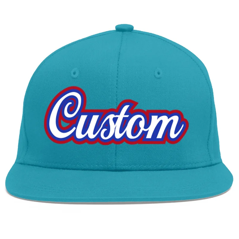 Classic baseball cap designs-Custom Aqua White-Royal Flat Eaves Sport Baseball Cap