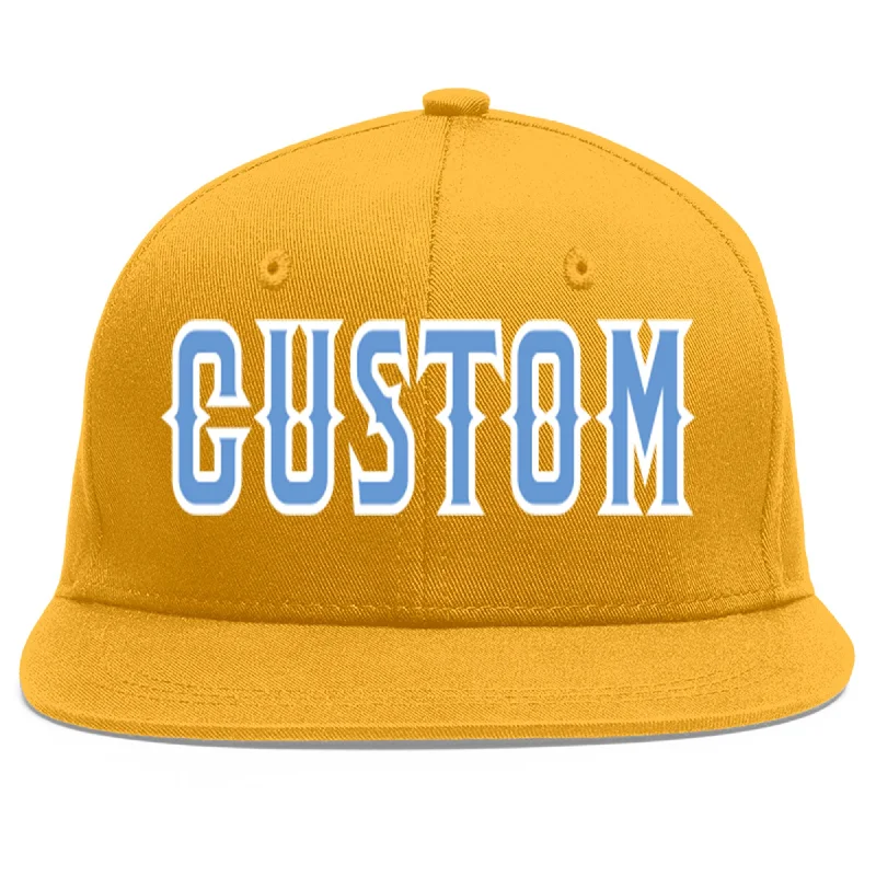 Baseball caps with flexible design-Custom Gold Light Blue-White Flat Eaves Sport Baseball Cap