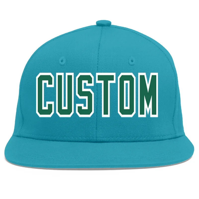 Wind-resistant baseball caps-Custom Aqua Kelly Green-White Flat Eaves Sport Baseball Cap