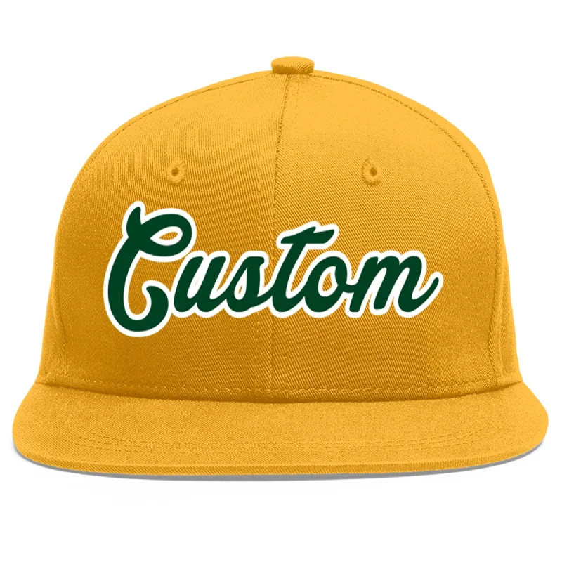 Baseball caps for sun protection-Custom Gold Green-White Flat Eaves Sport Baseball Cap