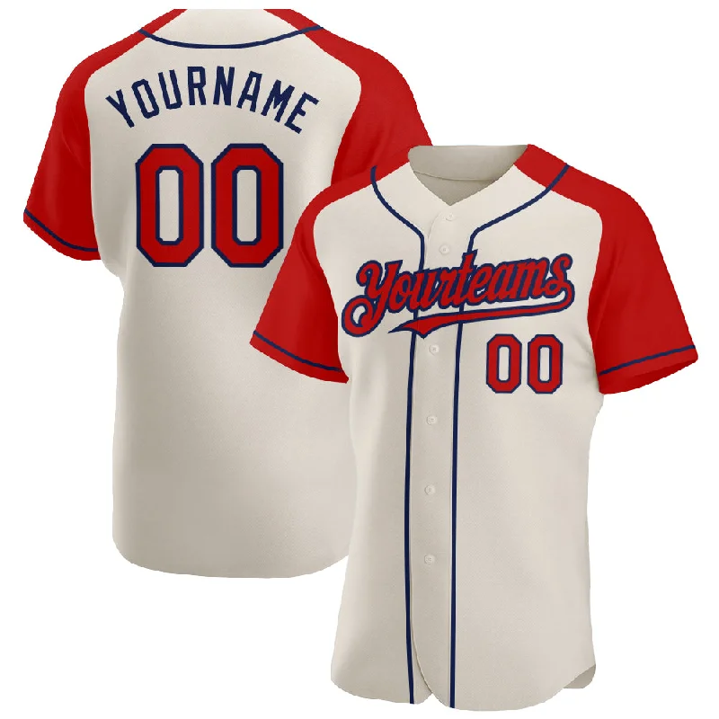 Best baseball jerseys for high school teams-Custom Cream Red-Navy Authentic Raglan Sleeves Baseball Jersey