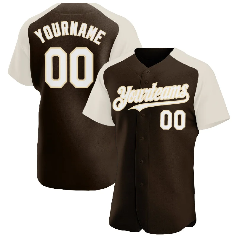 Baseball jerseys with multiple pockets for convenience-Custom Brown White-Cream Authentic Raglan Sleeves Baseball Jersey