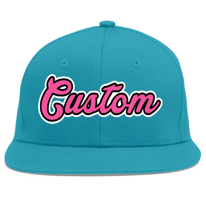 Baseball caps with mesh panels-Custom Aqua Pink-Black Flat Eaves Sport Baseball Cap