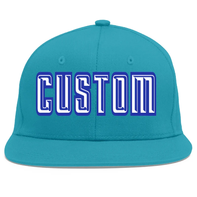 All-season baseball caps-Custom Aqua White-Royal Flat Eaves Sport Baseball Cap