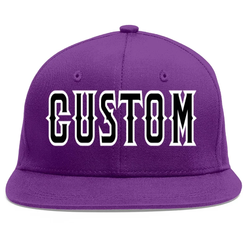 Adjustable strap baseball caps-Custom Purple Black-White Flat Eaves Sport Baseball Cap