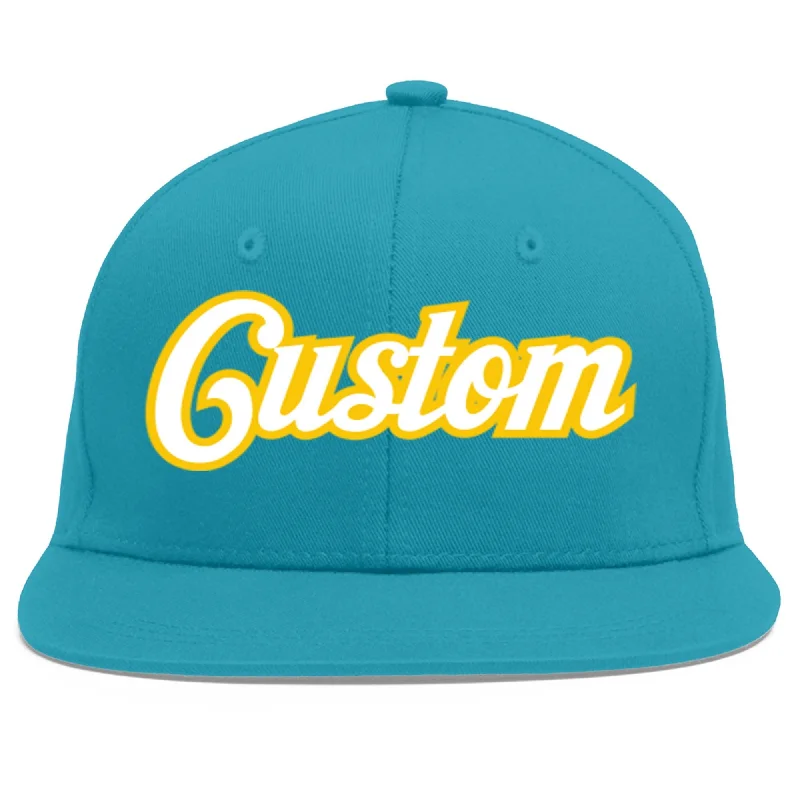 Top baseball cap brands-Custom Aqua White-Gold Flat Eaves Sport Baseball Cap