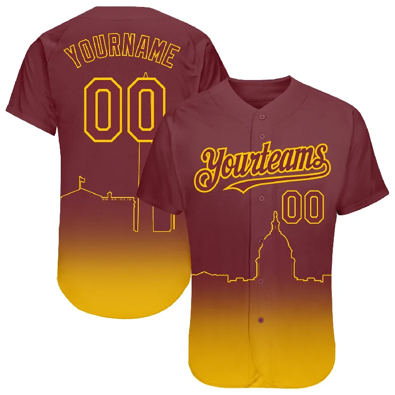 Affordable custom baseball jerseys in bulk-Custom Burgundy Yellow 3D Washington City Edition Fade Fashion Authentic Baseball Jersey