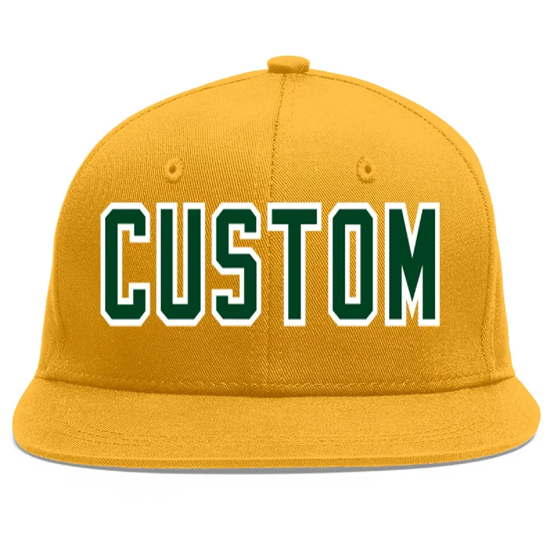 Baseball caps for different head shapes-Custom Gold Green-White Flat Eaves Sport Baseball Cap