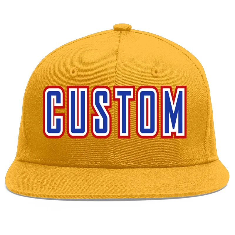 Embroidered logo baseball caps-Custom Gold Royal-White Flat Eaves Sport Baseball Cap