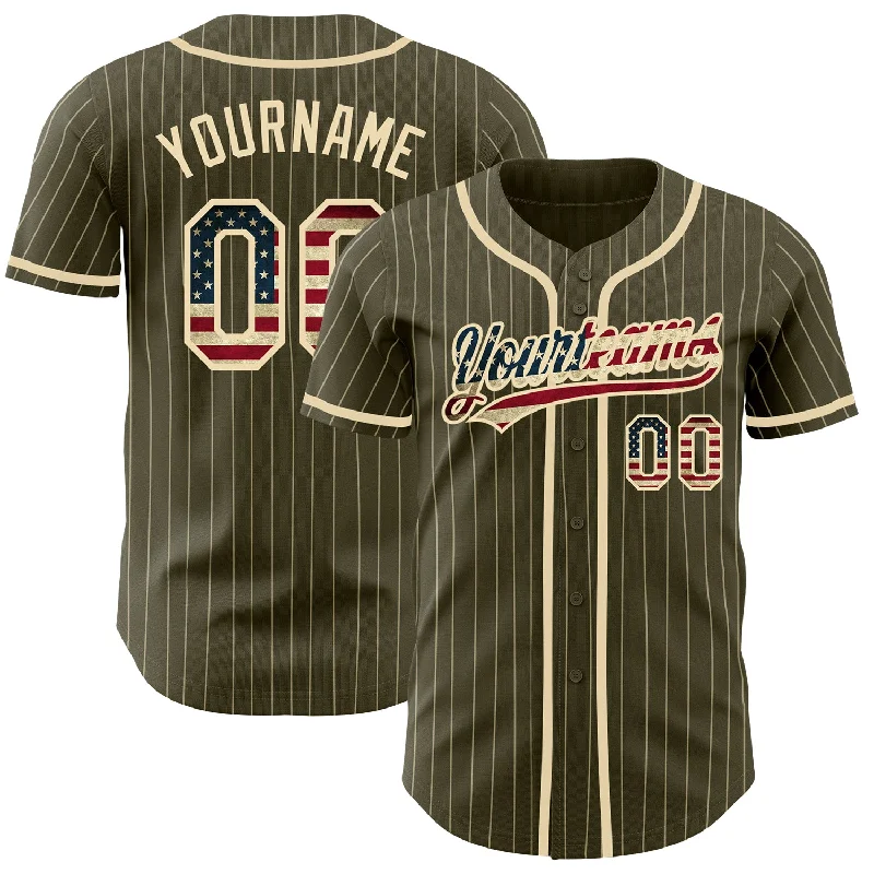 Premium quality baseball jerseys for elite players-Custom Olive City Cream Pinstripe Vintage USA Flag Authentic Salute To Service Baseball Jersey