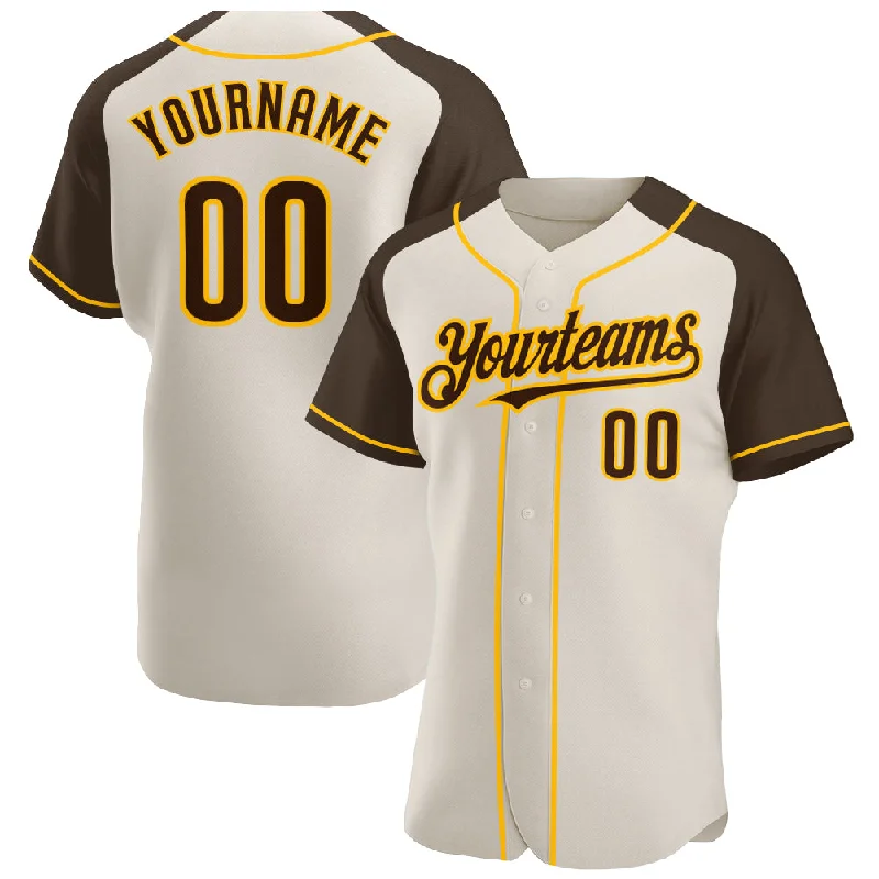 Baseball jerseys with full-color printing options-Custom Cream Brown-Gold Authentic Raglan Sleeves Baseball Jersey