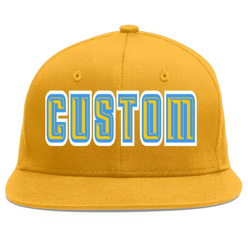 Baseball caps for daily wear-Custom Gold Gold-Powder Blue Flat Eaves Sport Baseball Cap