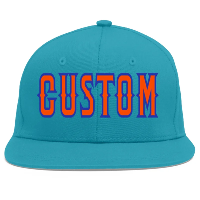 Baseball caps for travel wear-Custom Aqua Orange-Royal Flat Eaves Sport Baseball Cap